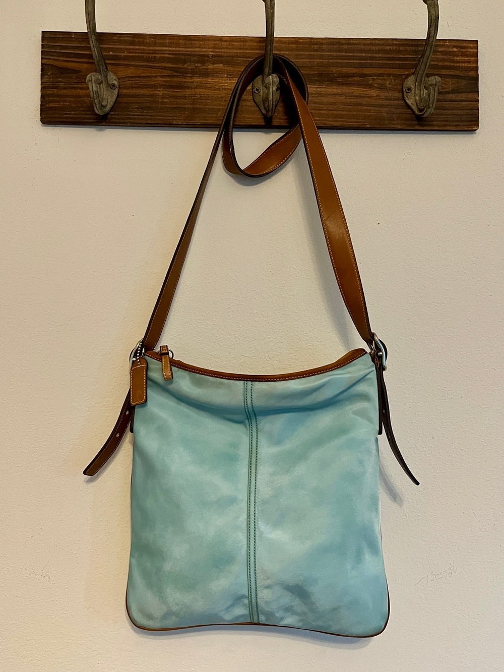 Coach Robin’s Egg Blue Crossbody with Brown Leather Trim